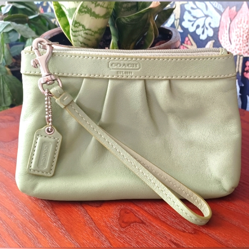 Coach Ashley pleated wristlet/small wallet/clutch in mint green. Never used.